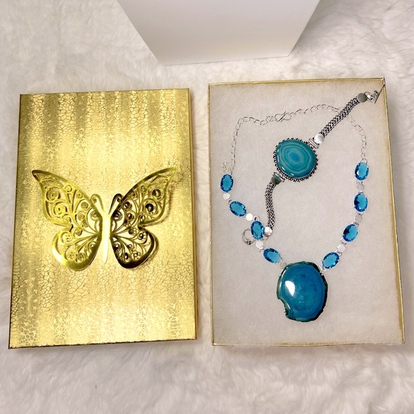 925 Blue Solar Quartz & Blue Topaz Necklace and Bracelet Set - Picture 4 of 6